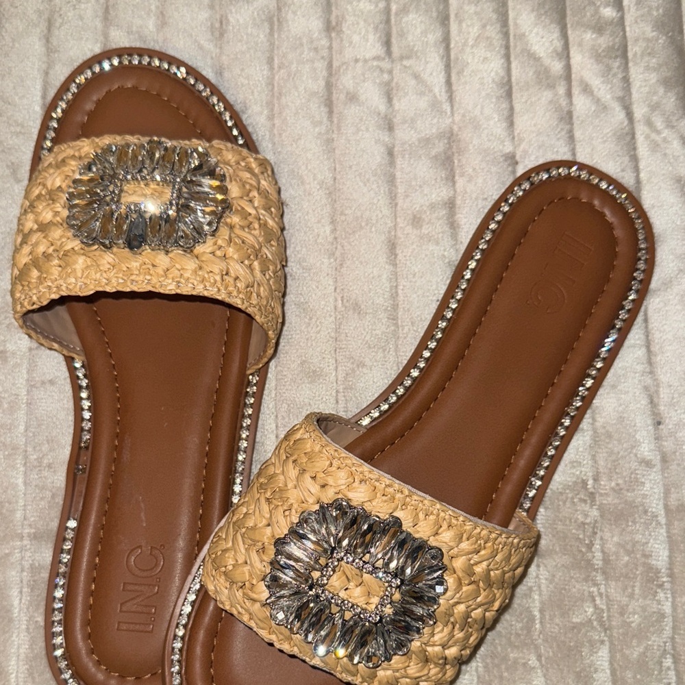 INC International Concepts Tan Woven Slide Sandals with Rhinestones - Picture 16 of 16
